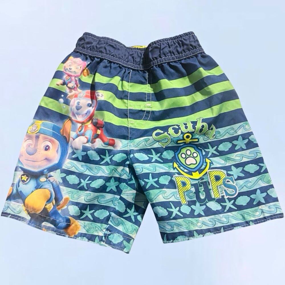 PAW Patrol Boys Swim Shorts 3T Blue/Green Striped Elastic Waist Chase Skye